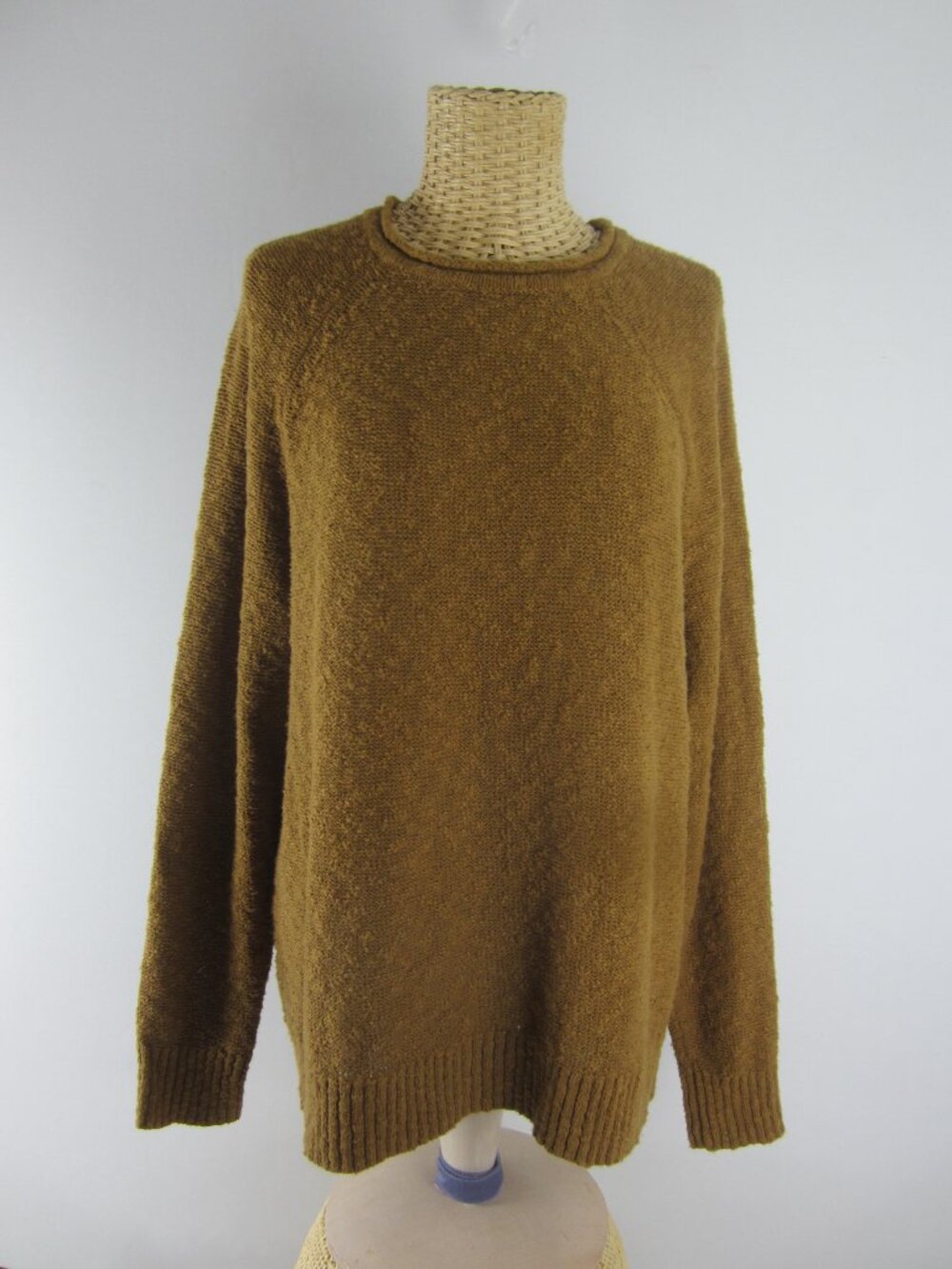 LL Bean Women PL Brown Nubby Knit Roll Neck 100% Cotton Crewneck Sweater P L